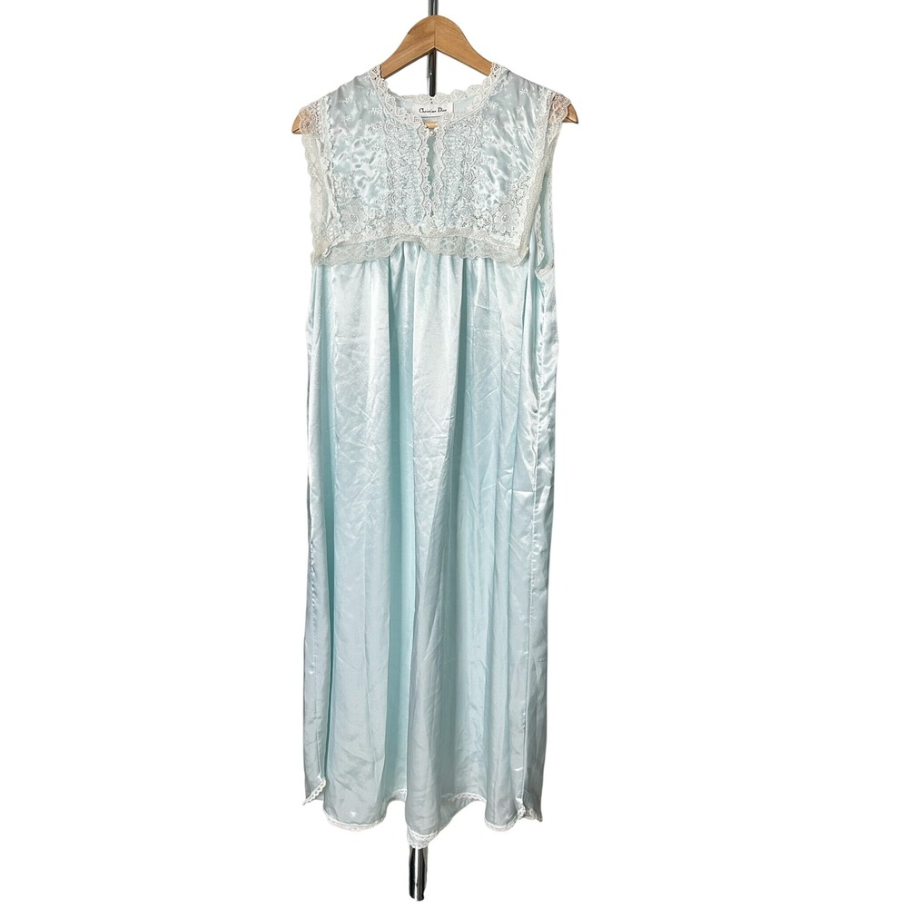 Christian Dior Nightgown Light Blue Satin Lace Trim Vintage
